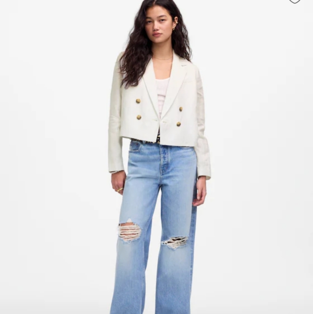 Madewell Double-Breasted Crop Blazer in 100% Linen NV041 NWT White